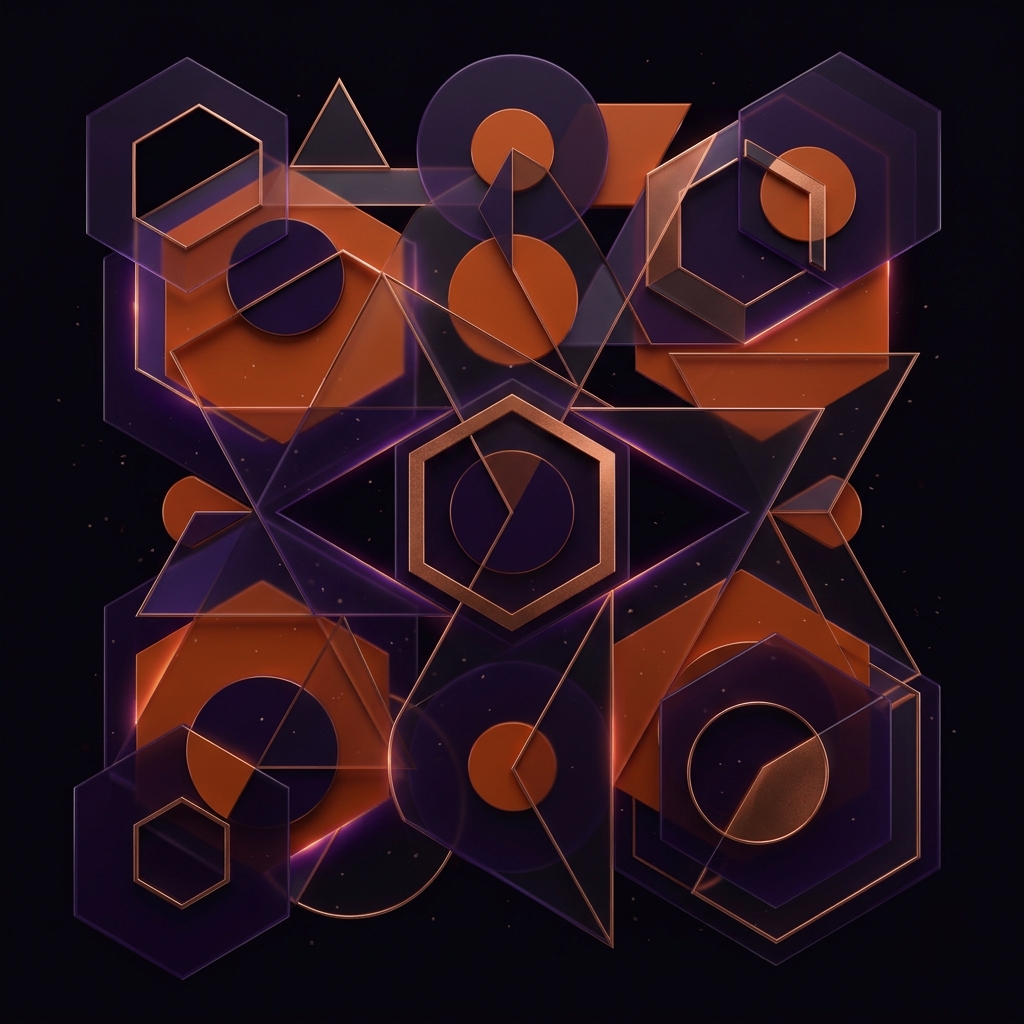 Composi&ccedil;&atilde;o geom&eacute;trica abstrata com hex&aacute;gonos e tri&acirc;ngulos em roxo e cobre