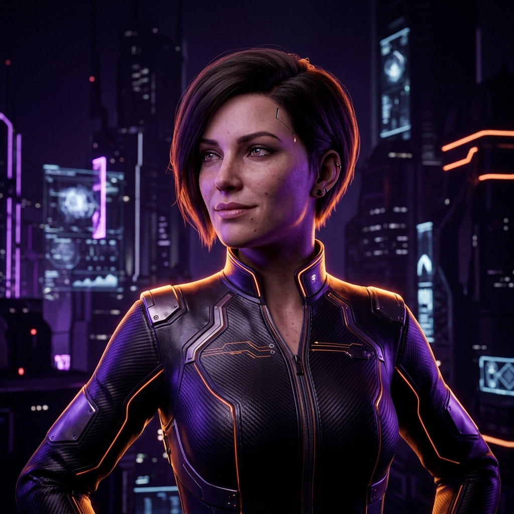 Exemplo de Avatar 3D cyberpunk com ilumina&ccedil;&atilde;o roxa e acentos laranja na est&eacute;tica Maggium