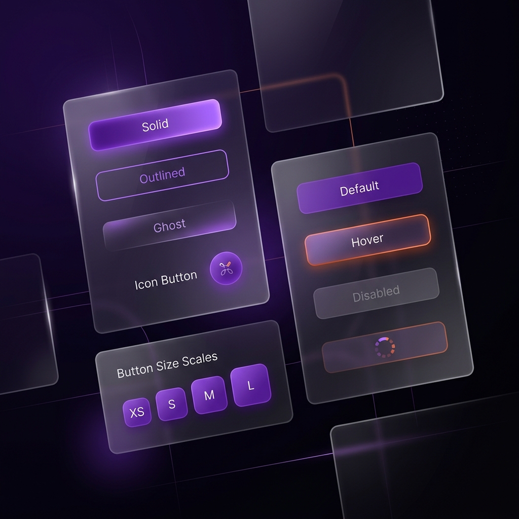 Composi&ccedil;&atilde;o 3D de variantes de bot&otilde;es: solid, outlined, ghost, &iacute;cones e escalas de tamanho