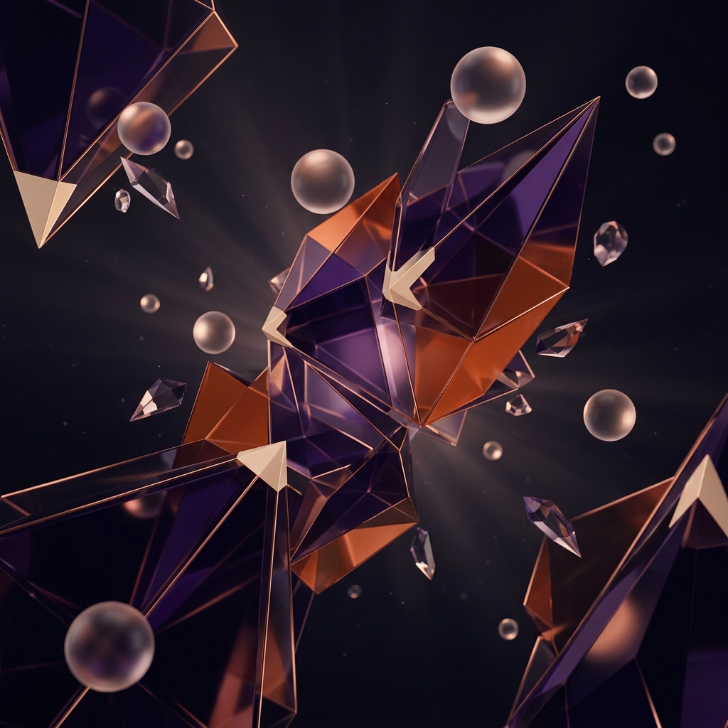 Resultado do prompt abstrato: cristais e esferas geom&eacute;tricas em roxo e cobre