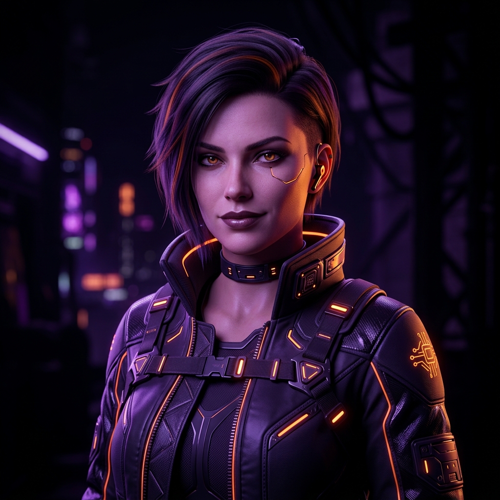 Resultado do prompt de avatar: mulher cyberpunk com ilumina&ccedil;&atilde;o roxa e laranja