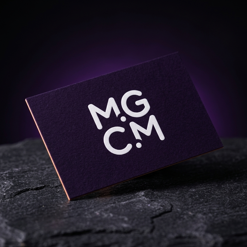 Resultado do prompt de mockup: cart&atilde;o de visita roxo texturizado com monograma branco