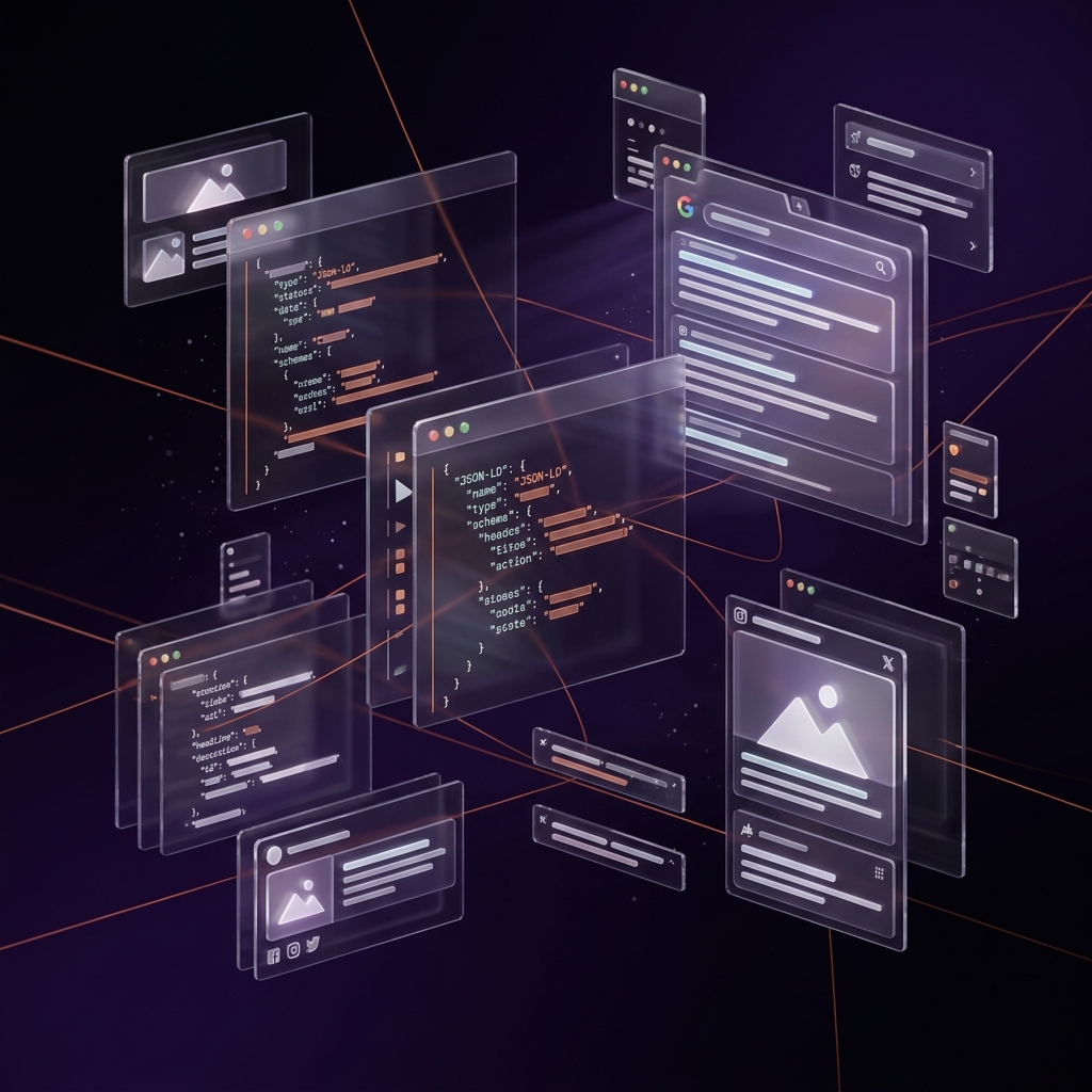 Visualiza&ccedil;&atilde;o de identidade digital: social cards, meta tags e JSON-LD flutuando em pain&eacute;is glassmorphism