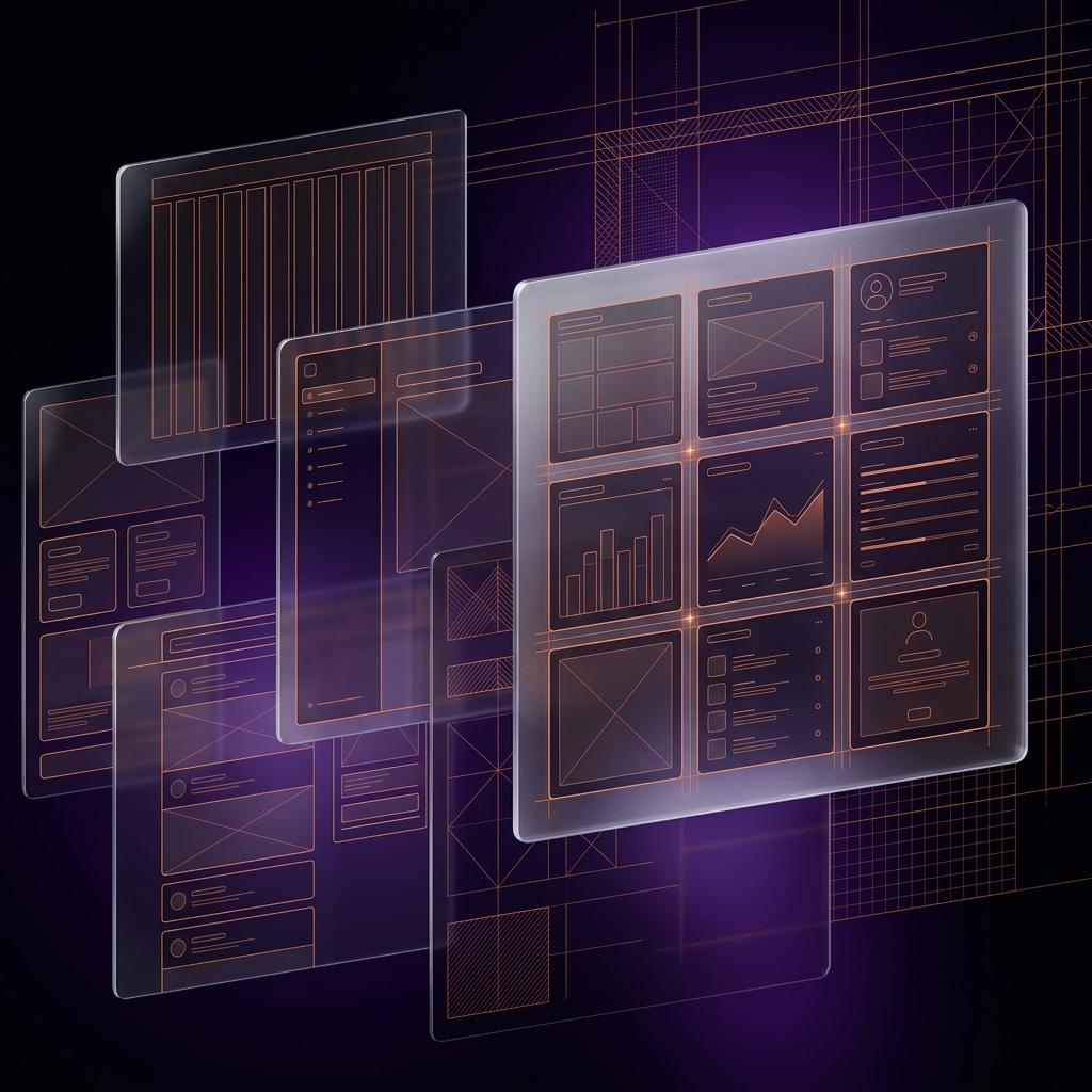 Composi&ccedil;&atilde;o de wireframes flutuantes com grids bento e layouts de conte&uacute;do em estilo glassmorphism