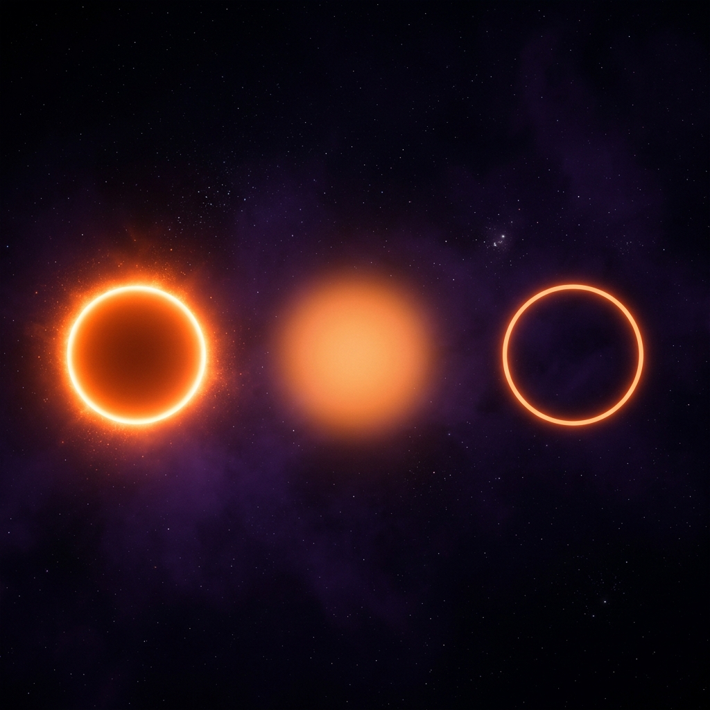 Tr&ecirc;s orbes brilhantes: Neon Glow, Soft Glow e Ring Glow em paleta laranja e roxo